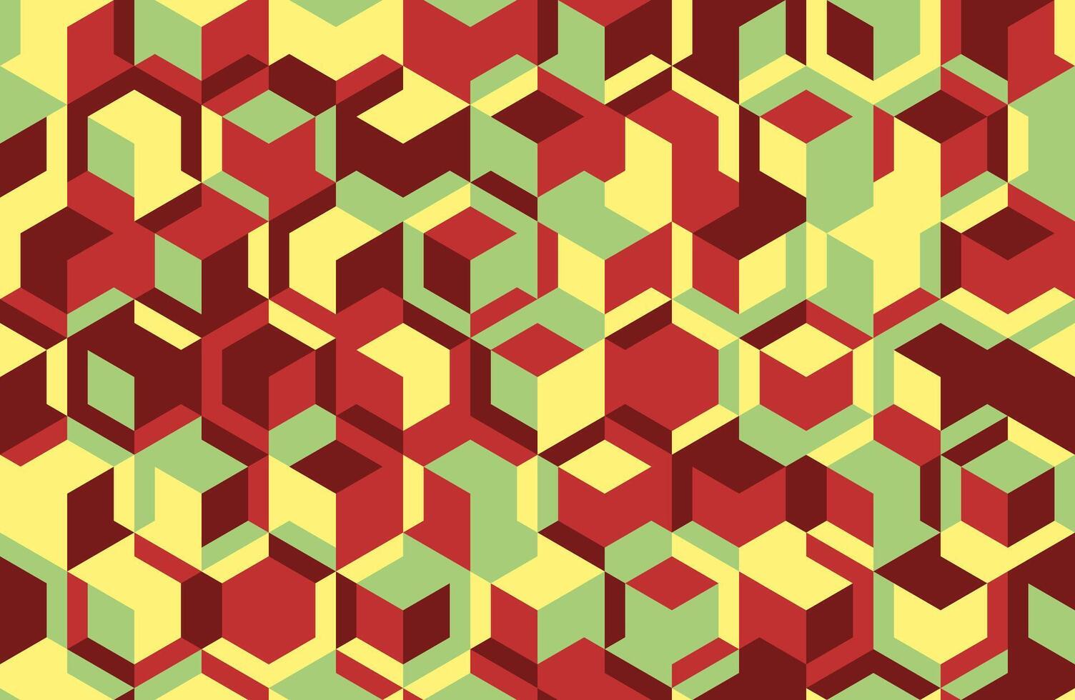 Abstract geometric seamless pattern. Vibrant red, green, and yellow cubes create a dynamic, 3D illusion. Ideal for backgrounds, textile designs, and modern branding. vector