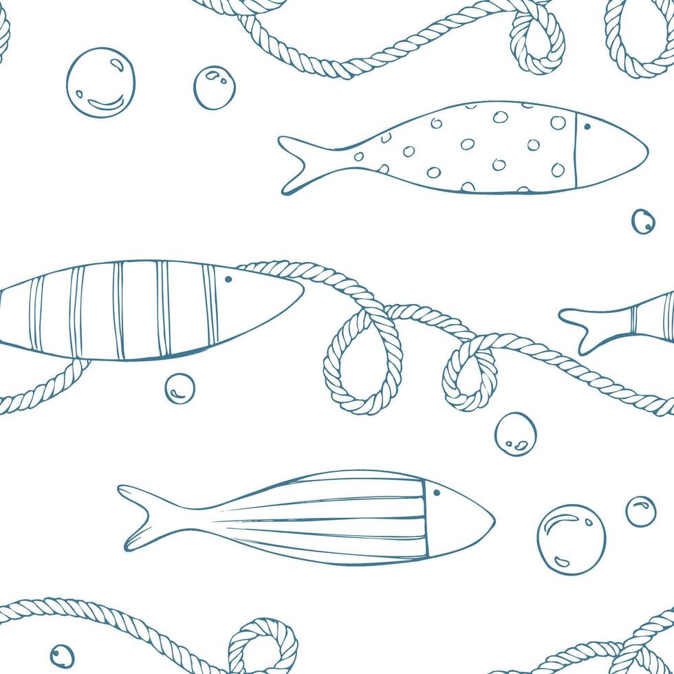 Small fish, bubbles and sea twisted ropes in a nautical, alpine pattern. Hand drawn graphic line art illustration. Seamless pattern for lining fabrics, notebooks and diary pages. vector