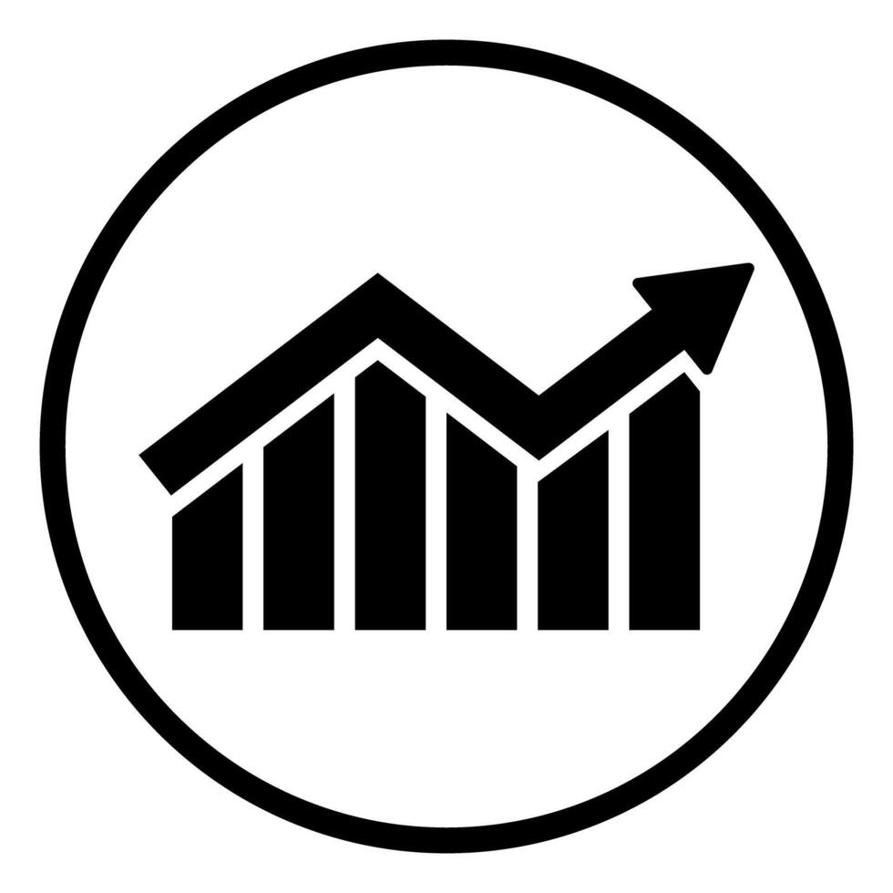 Single black arrow growing pointing up on chart graph bars icon, success graph trending upwards flat design interface infographic element for app ui ux web button, vector