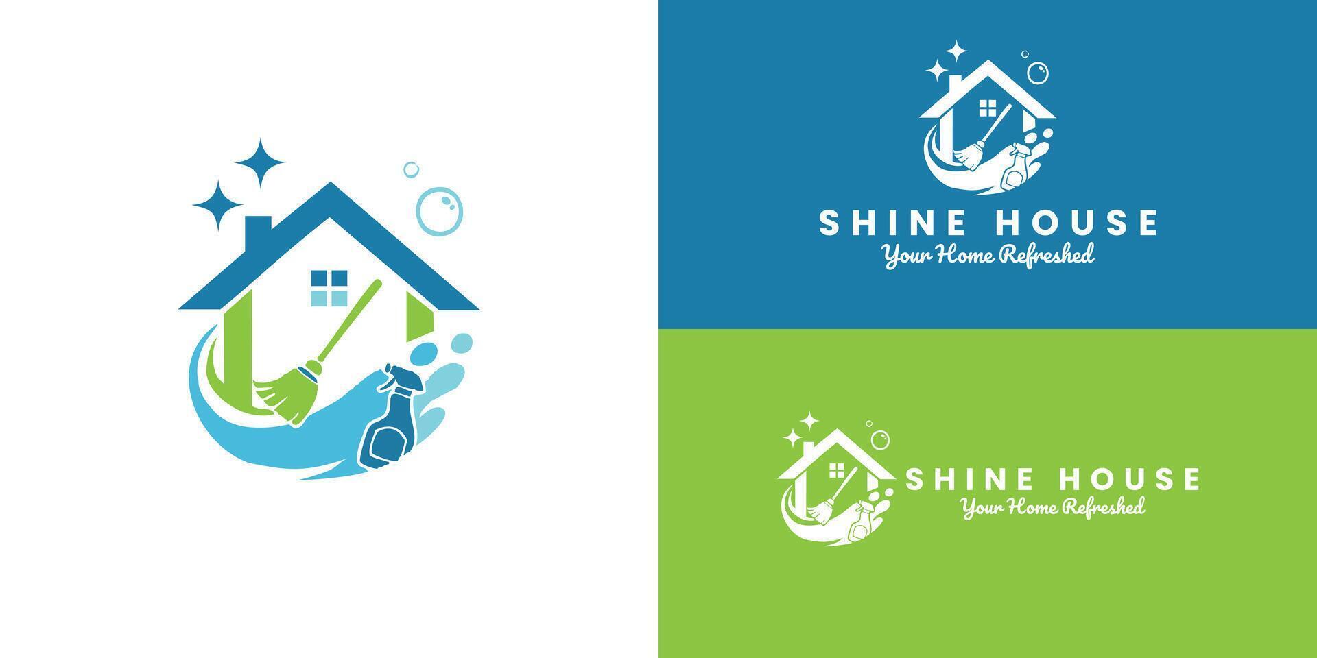 The logo features a modern house design, complemented by a broom and a spray bottle, set against dynamic waves and bubbles. This design symbolizes an efficient residential cleaning service. vector
