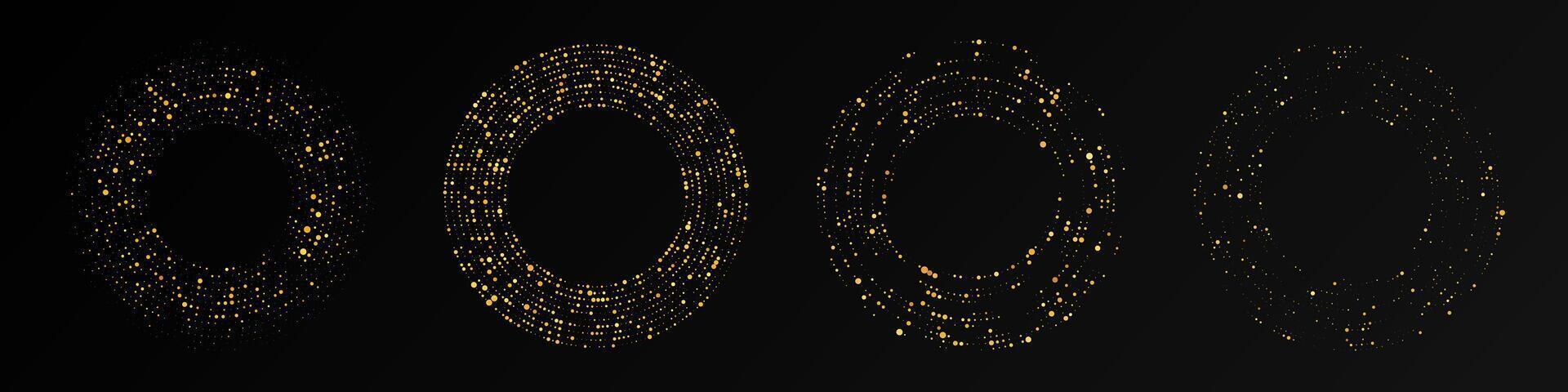 Abstract modern gold glowing halftone dotted background. Set of four gold glitter patterns in circle form. Circle halftone dots. illustration vector