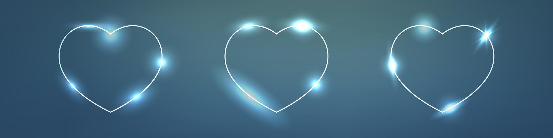 Set of three neon frames in heart form with shining effects on dark background. Empty glowing techno backdrop. illustration vector