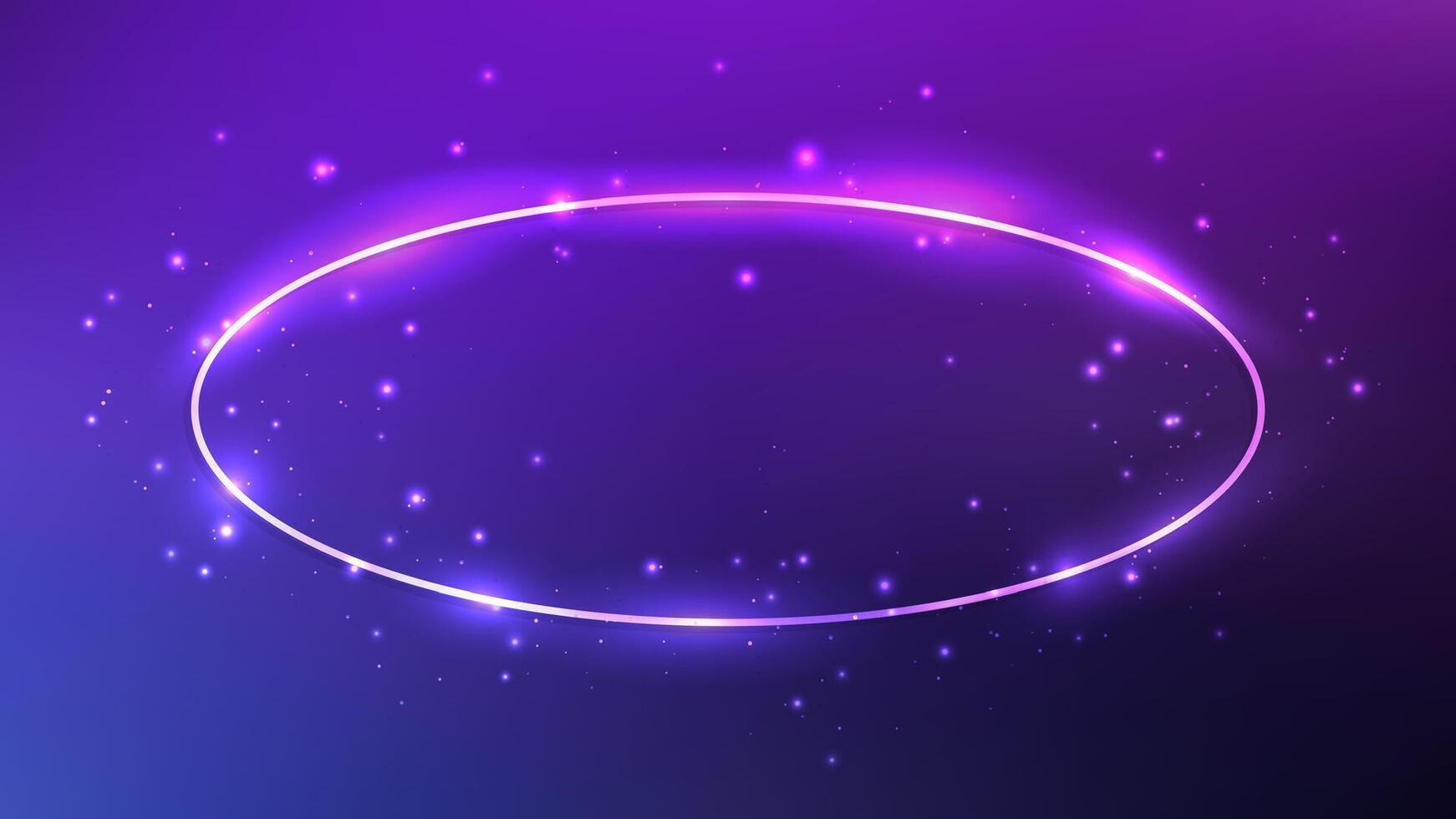 Neon oval frame with shining effects and sparkles on dark purple background. Empty glowing techno backdrop. illustration vector