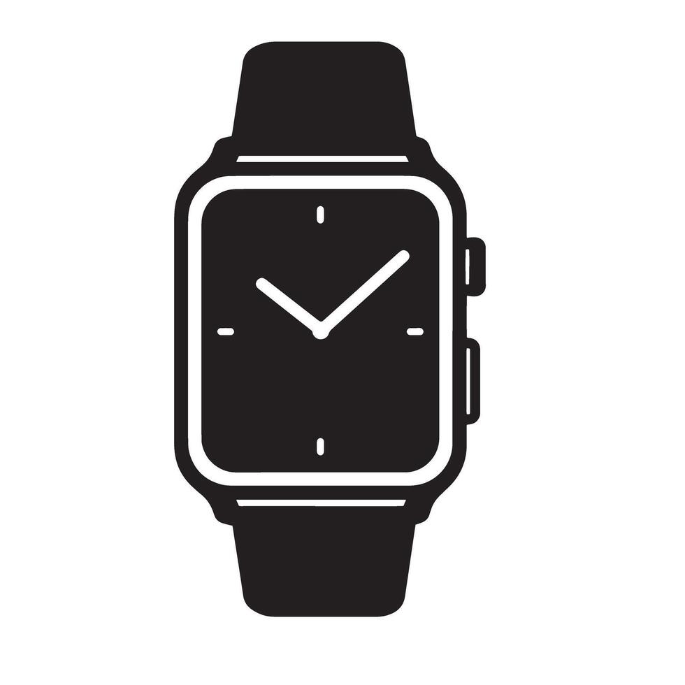 Simple black and white illustration of a modern smartwatch showcasing time display and connected functionality vector
