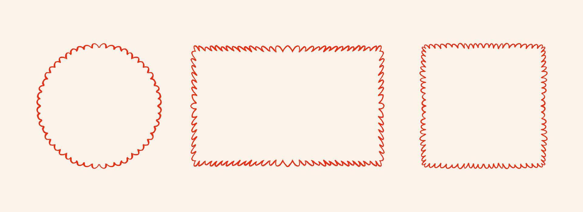 Red hand drawn scalloped frame set. Wavy edge border collection. Circle, rectangle and square doodled scallop box bundle for invitation template, poster, banner. Squiggle edges sketch cadre. vector