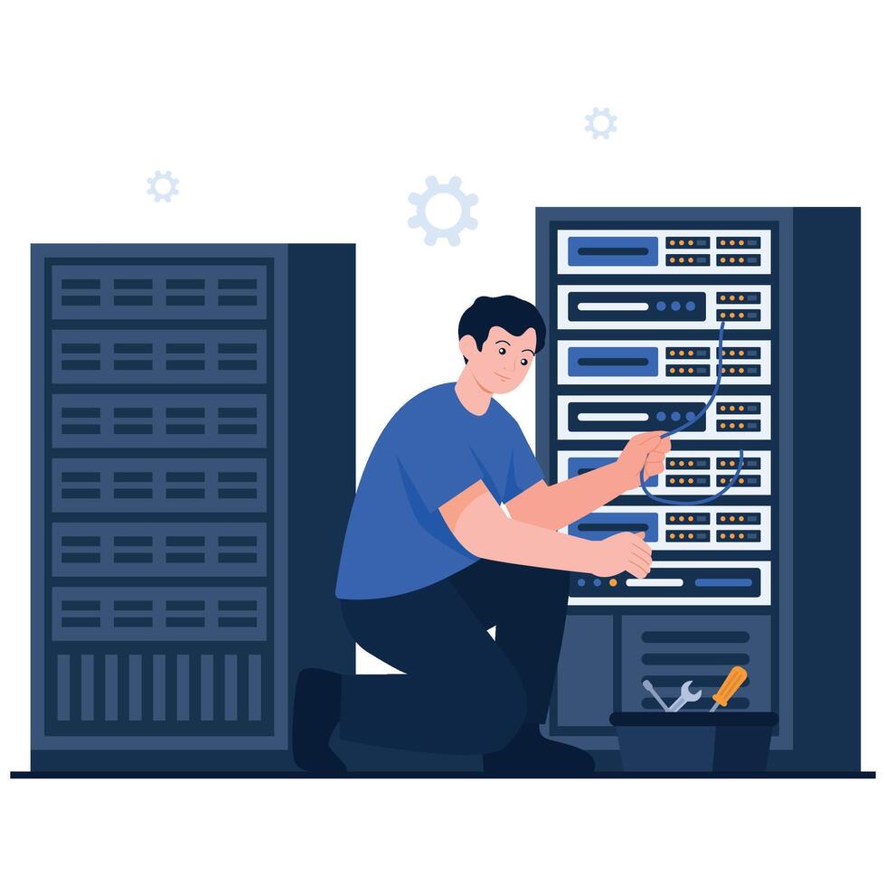 A man kneeling while fixing cables in a server rack with tools placed in a box. vector