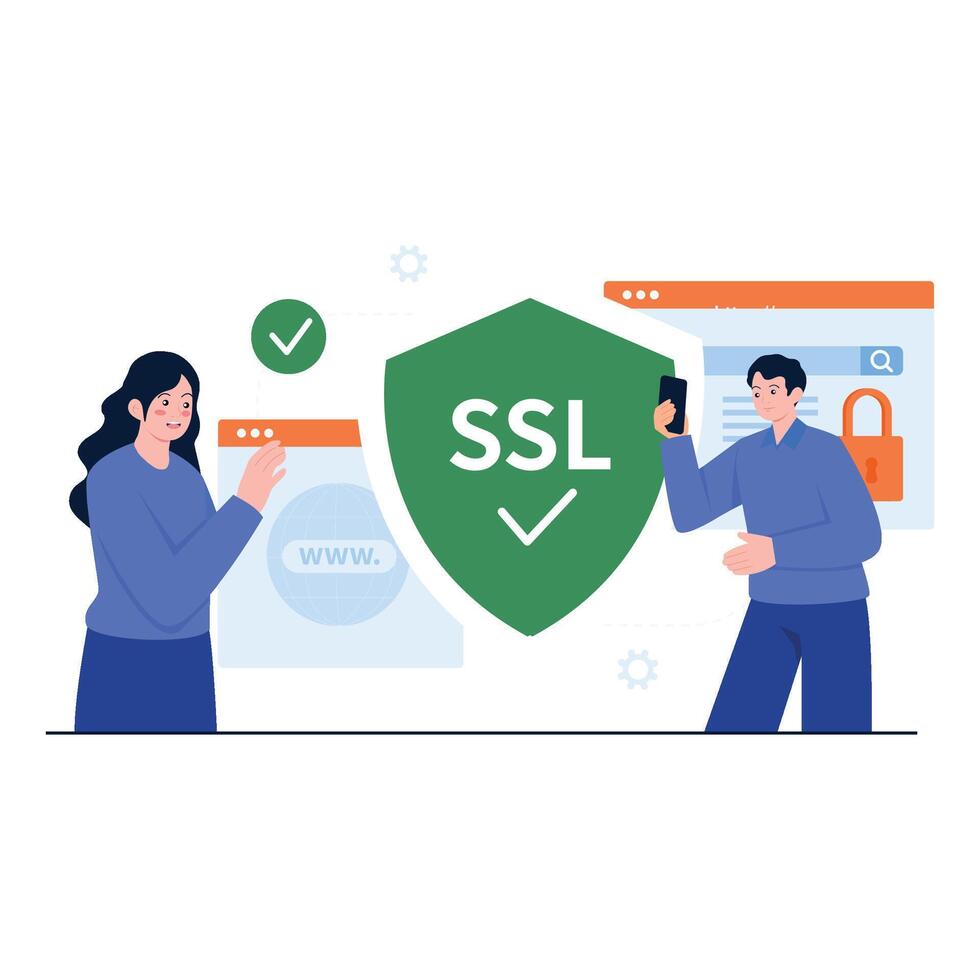 SSL certificate protection with people securing websites using encryption. vector