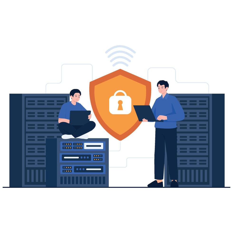 Two IT administrators working with servers, displaying a large shield icon with a padlock symbol in the center. vector