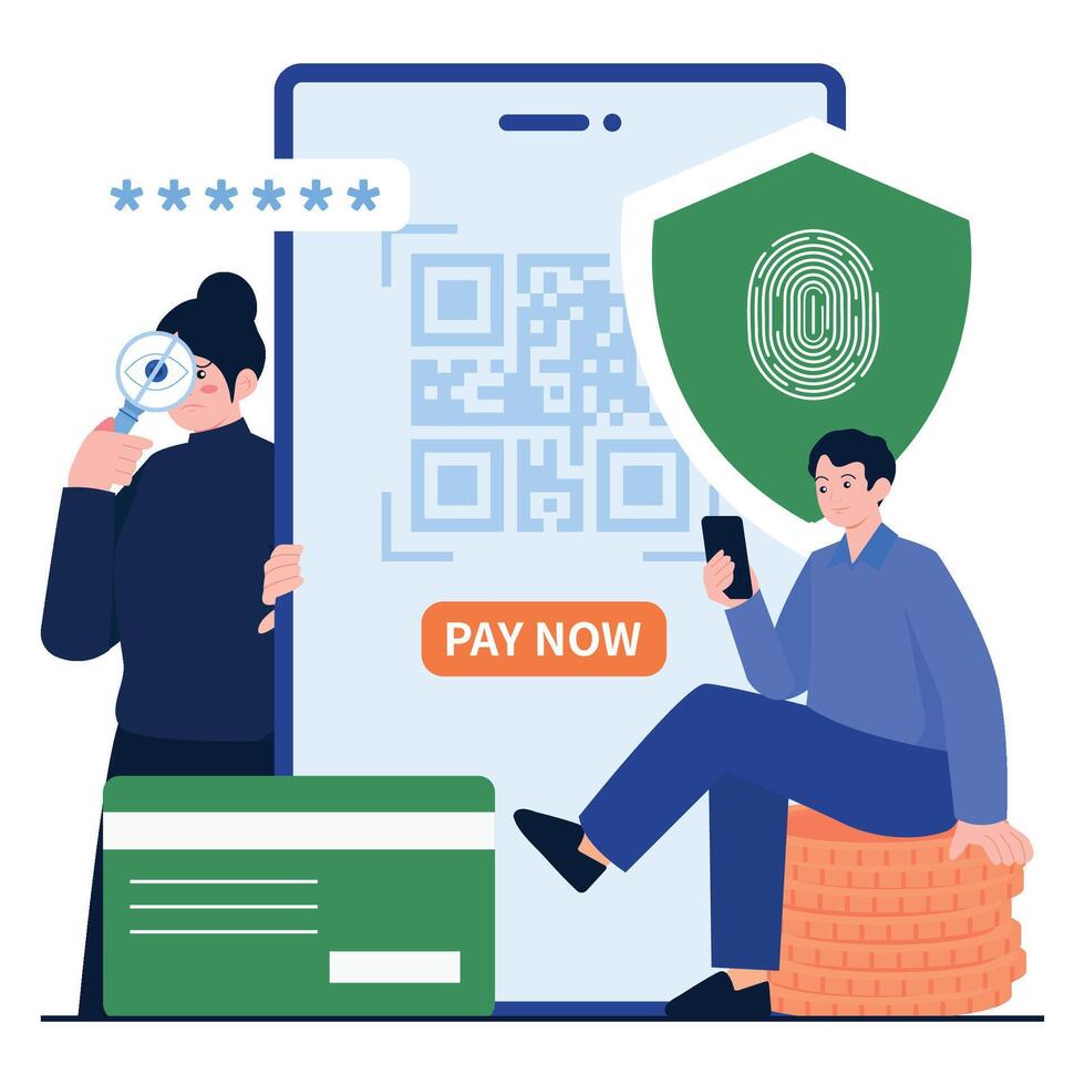 people using mobile devices for secure QR code payment with fingerprint verification and online protection. vector