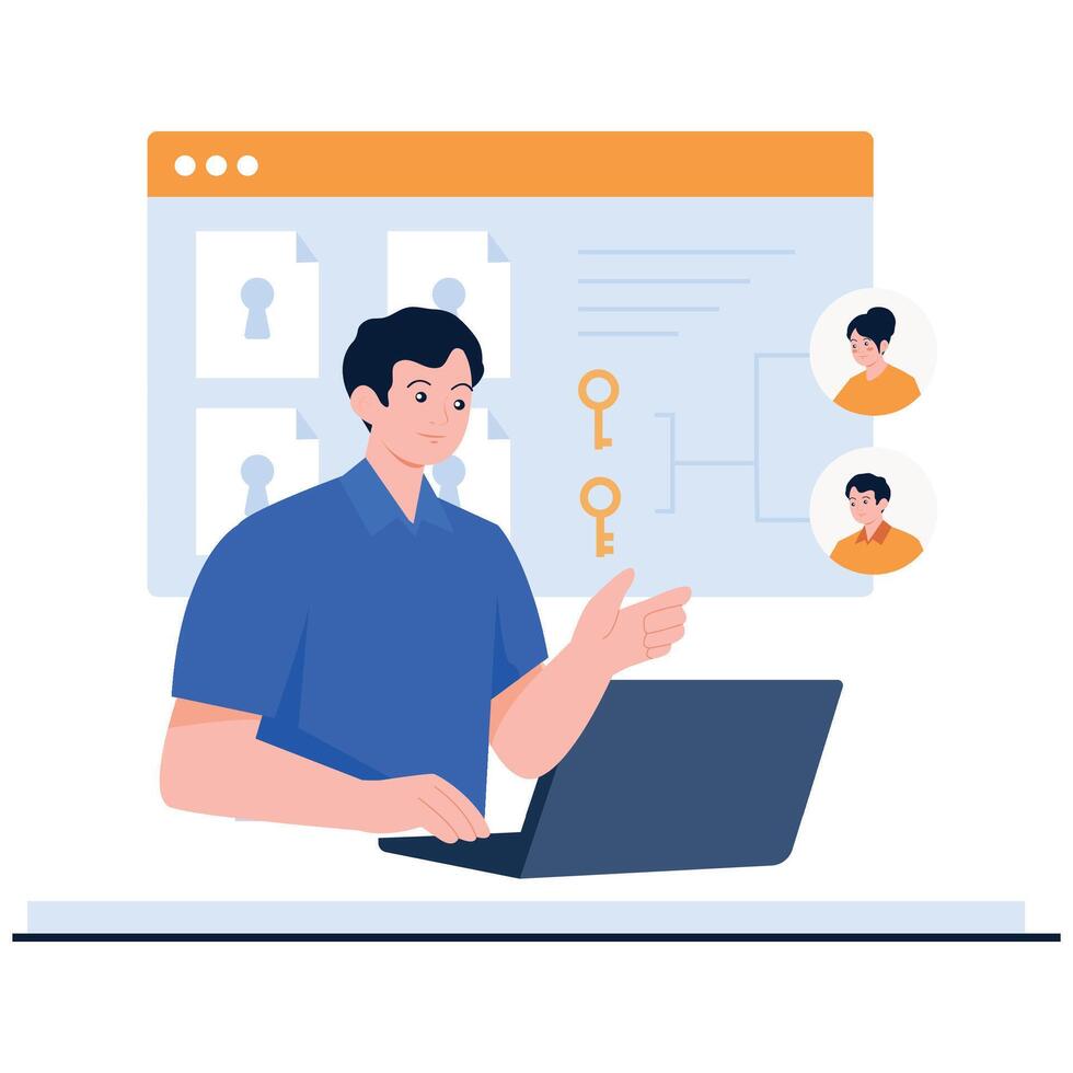 Man using laptop with screen showing lock icons, keys, and user profiles. vector