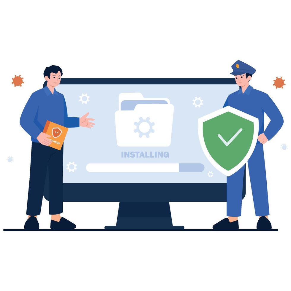 dos hombres en pie en frente de un monitor con instalando Progreso bar, uno participación antivirus software y otro participación blindaje. vector