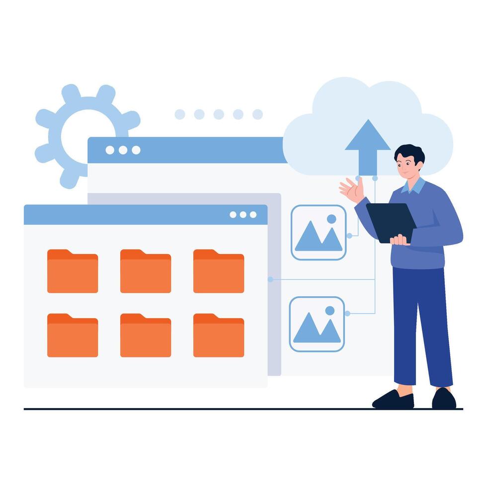 a man uploading files and images to cloud storage. vector