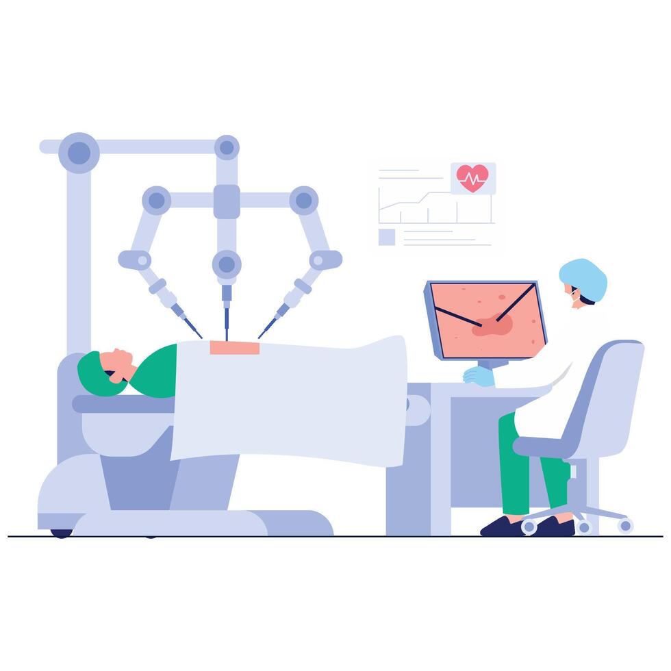 un cirujano opera en un paciente utilizando un robótico quirúrgico sistema con múltiple robótico brazos revisado desde un computadora pantalla. vector