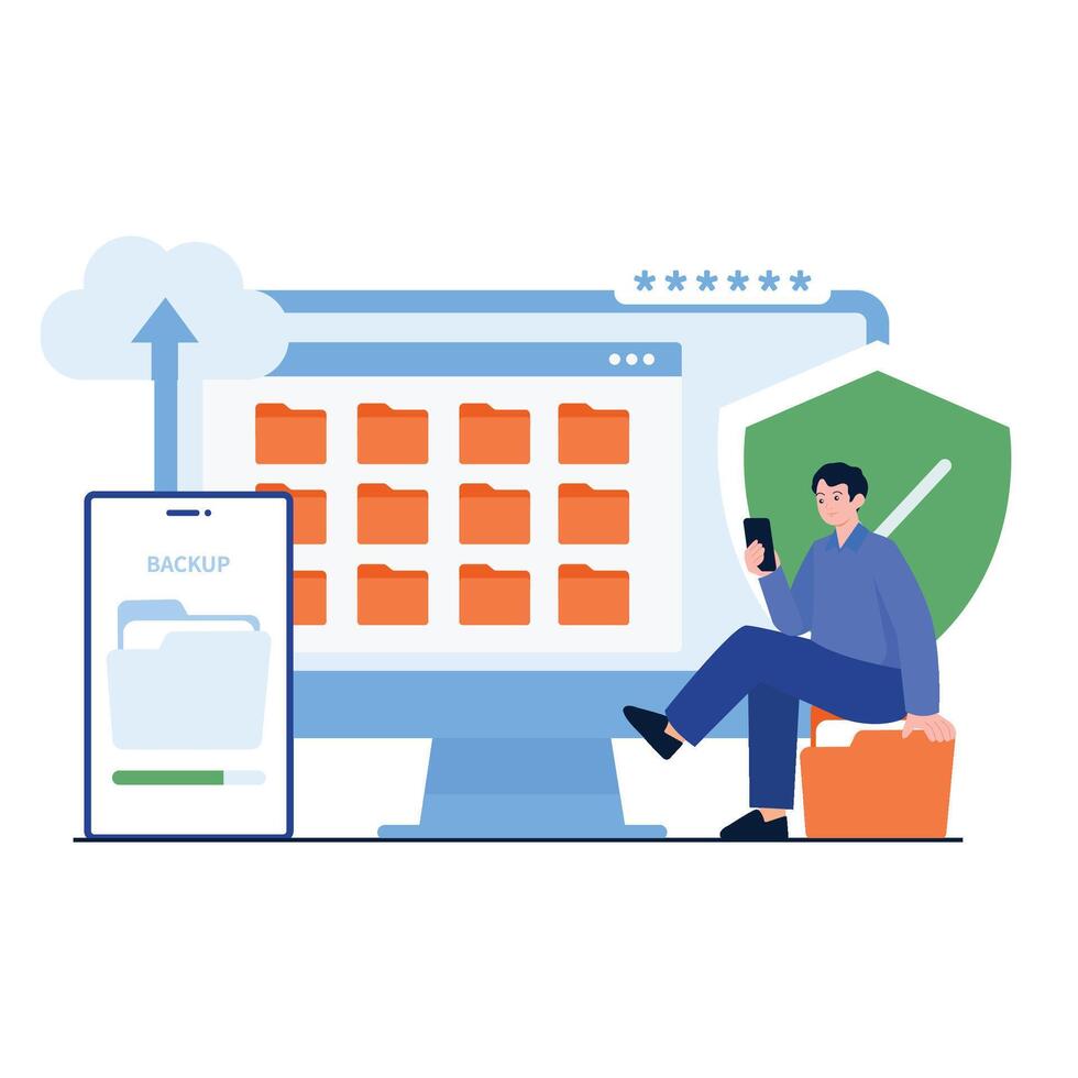 a man managing data backup with cloud storage and mobile synchronization vector