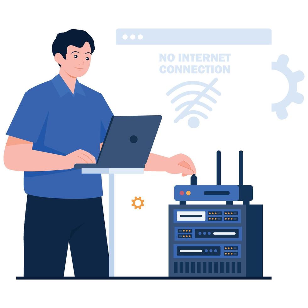 A man using a laptop while plugging a router connected to a server rack with no internet connection sign. vector