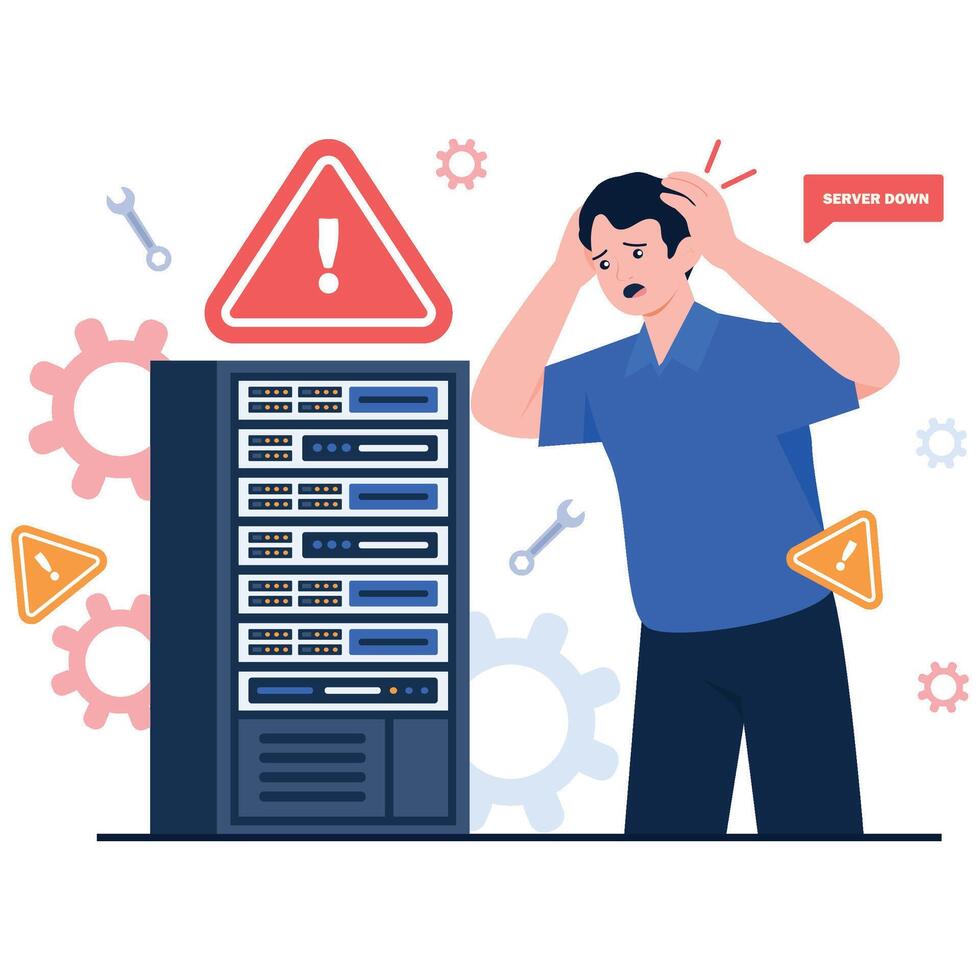 A frustrated man holding his head in front of a server rack with error and warning signs. vector