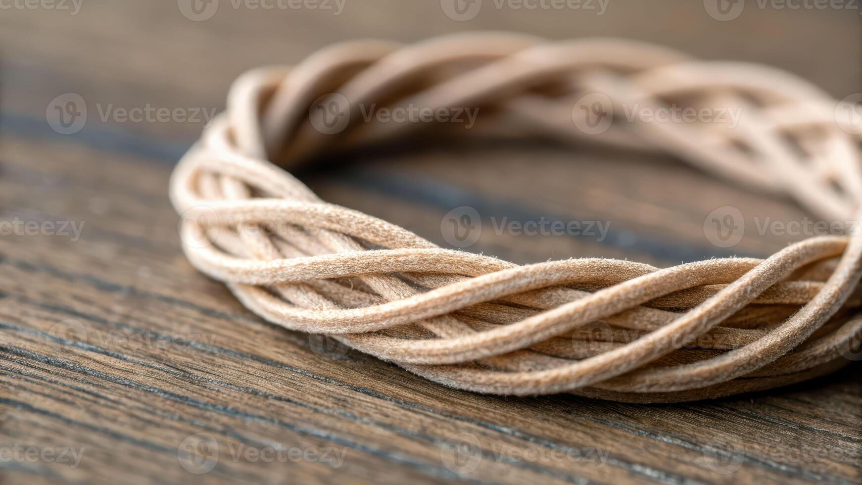 Elastic hair bands arranged in circle on wooden surface showing texture and natural color with soft lighting creating calm mood photo