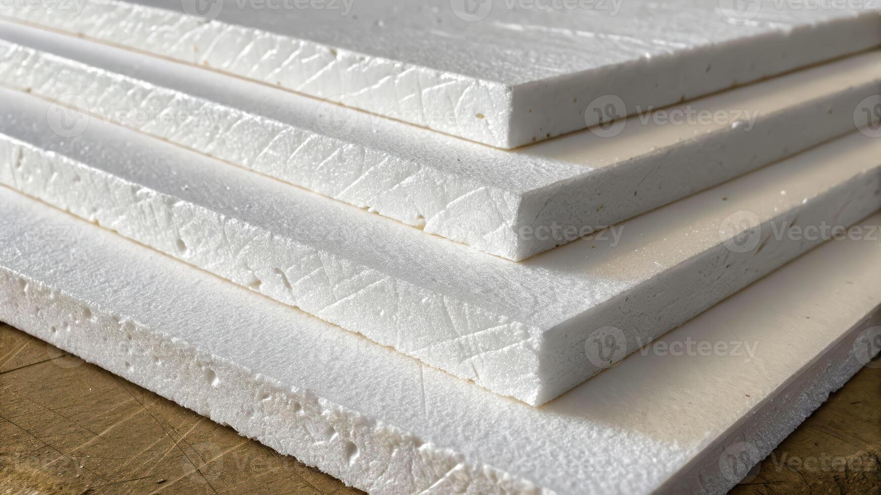 Styrofoam sheets stacked in layers showing texture and thickness with soft natural light highlighting white foam material surface photo