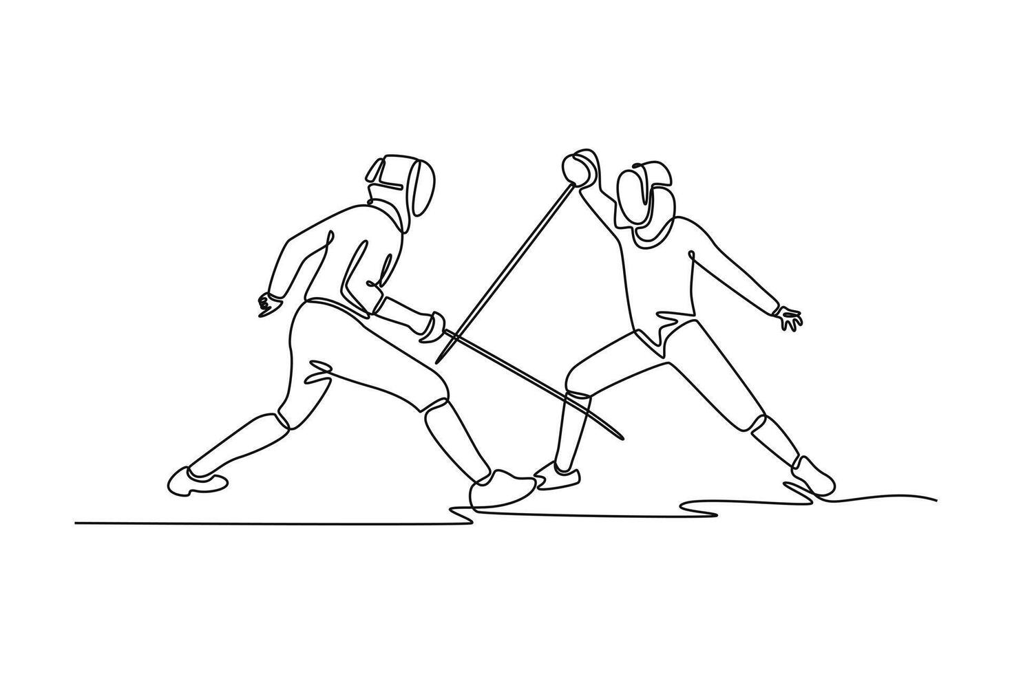 One line drawing strong two fencers are mid-clash with crossing foils. Symbolizing strategic combat, speed, and the elegance of sports. Modern continuous line draw design graphic illustration vector