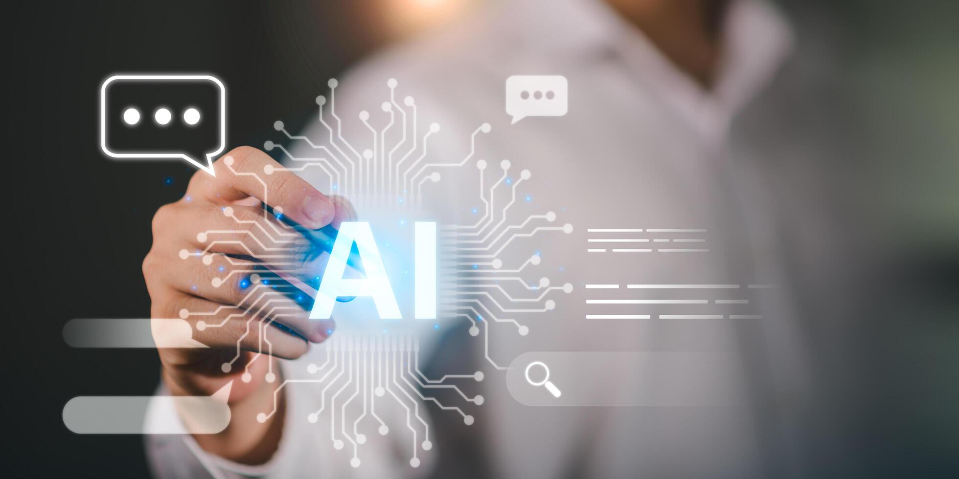 Artificial intelligence technology concept with glowing AI text, digital circuit patterns, and chat icons, symbolizing machine learning, smart communication, and data-driven innovation. photo