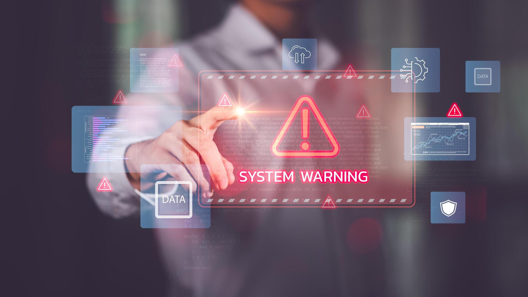 Digital system alert interface with data security warning, cybersecurity threat detection, and technology risk prevention, emphasizing protection, hacking prevention, and network monitoring. photo