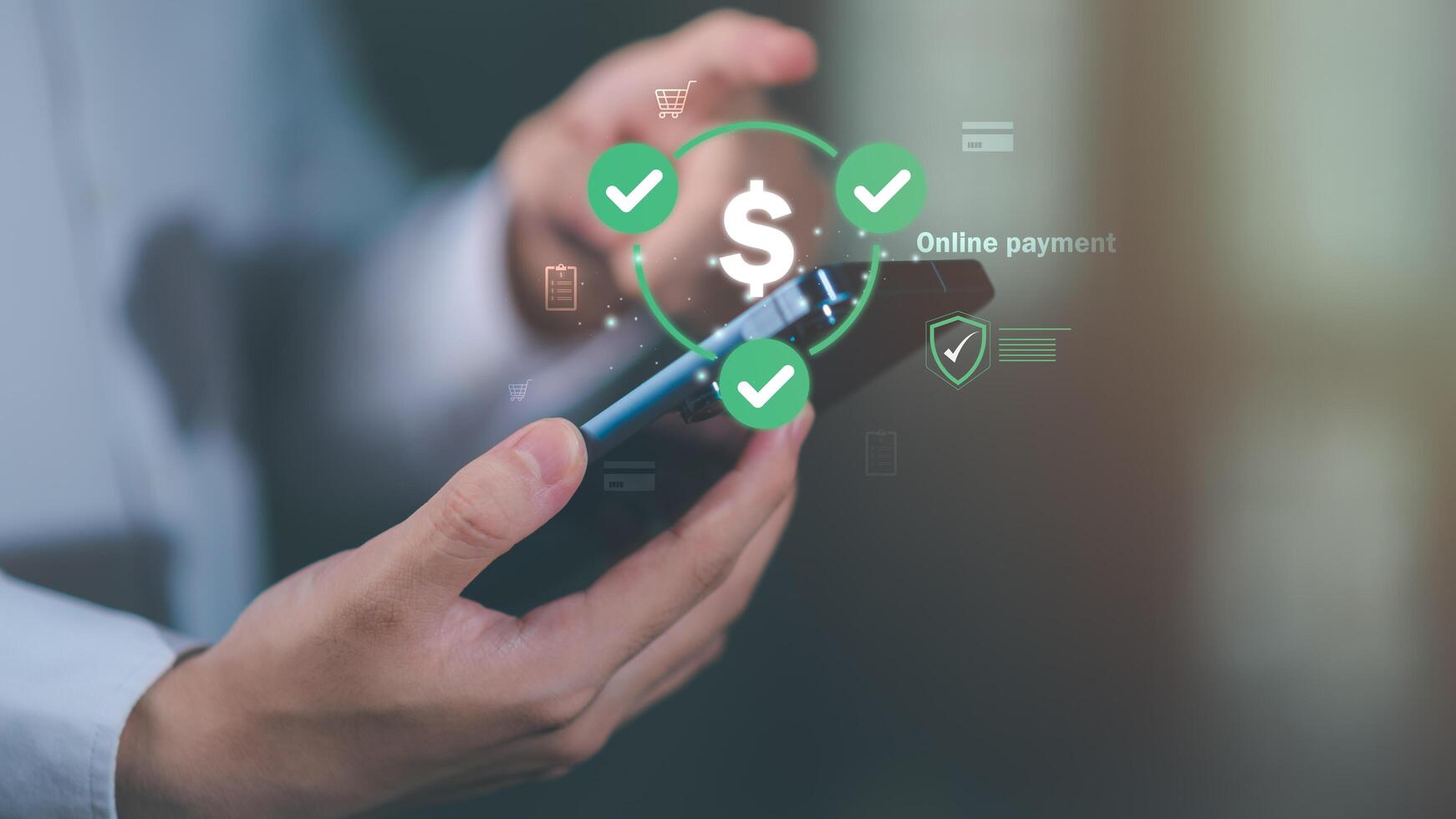 Secure online payment concept using mobile device with check mark icons and digital protection graphics, encrypted transactions, fraud prevention, safe shopping for e-commerce ,financial services. photo