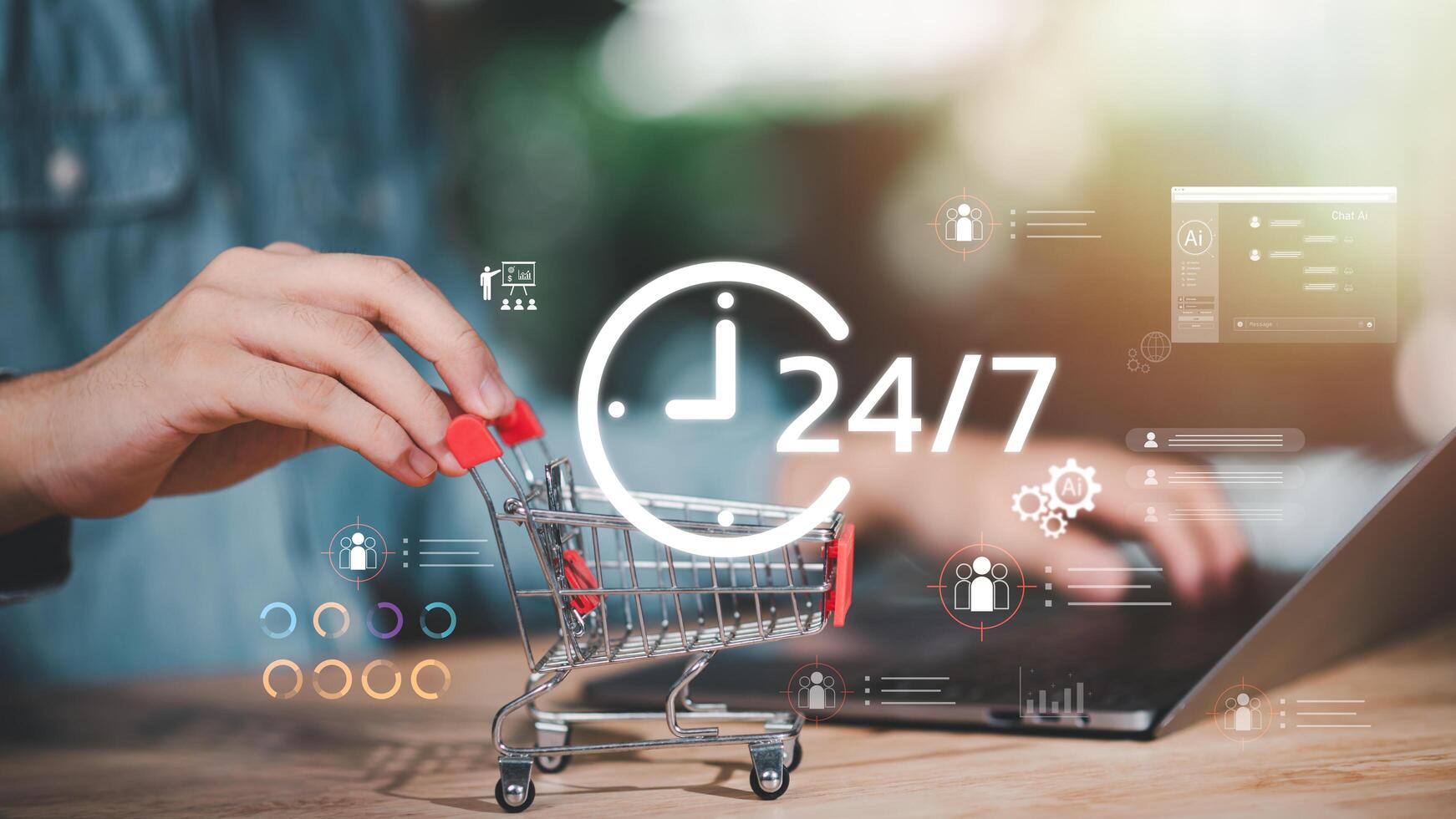 24-7 AI-powered e-commerce concept showing digital shopping cart, customer analytics, online automation, and smart chatbot integration to enhance modern retail and online shopping experience. photo