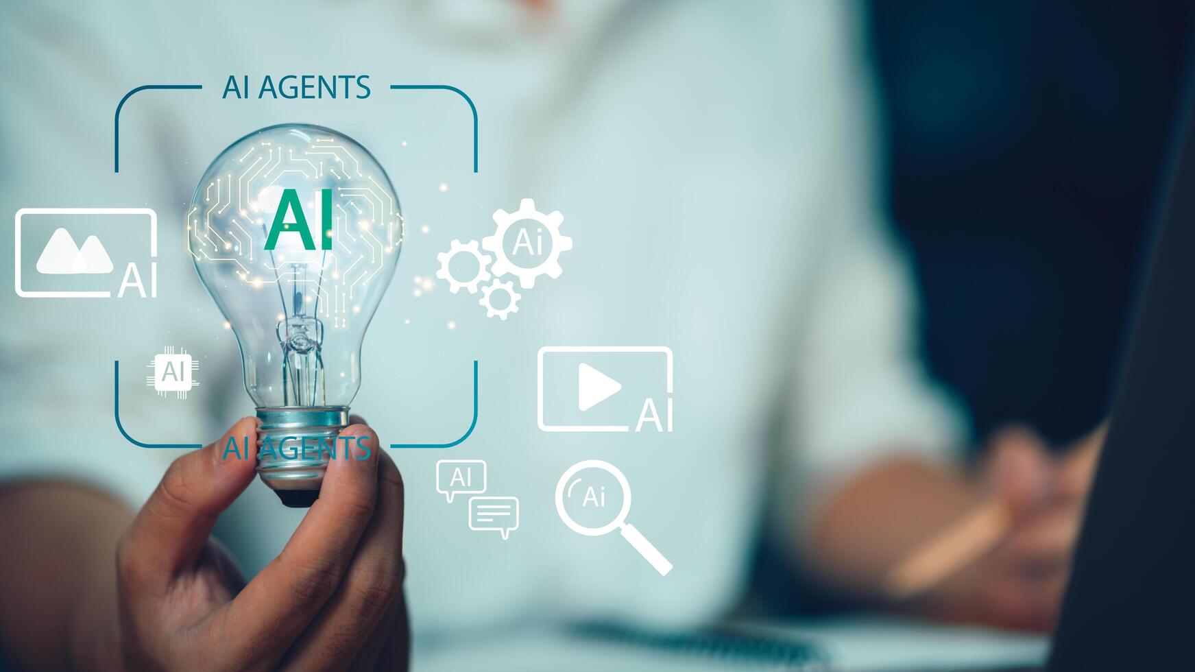AI text with digital icons representing AI agents, symbolizing artificial intelligence innovation, automation, and intelligent solutions for advanced technology and business applications. photo