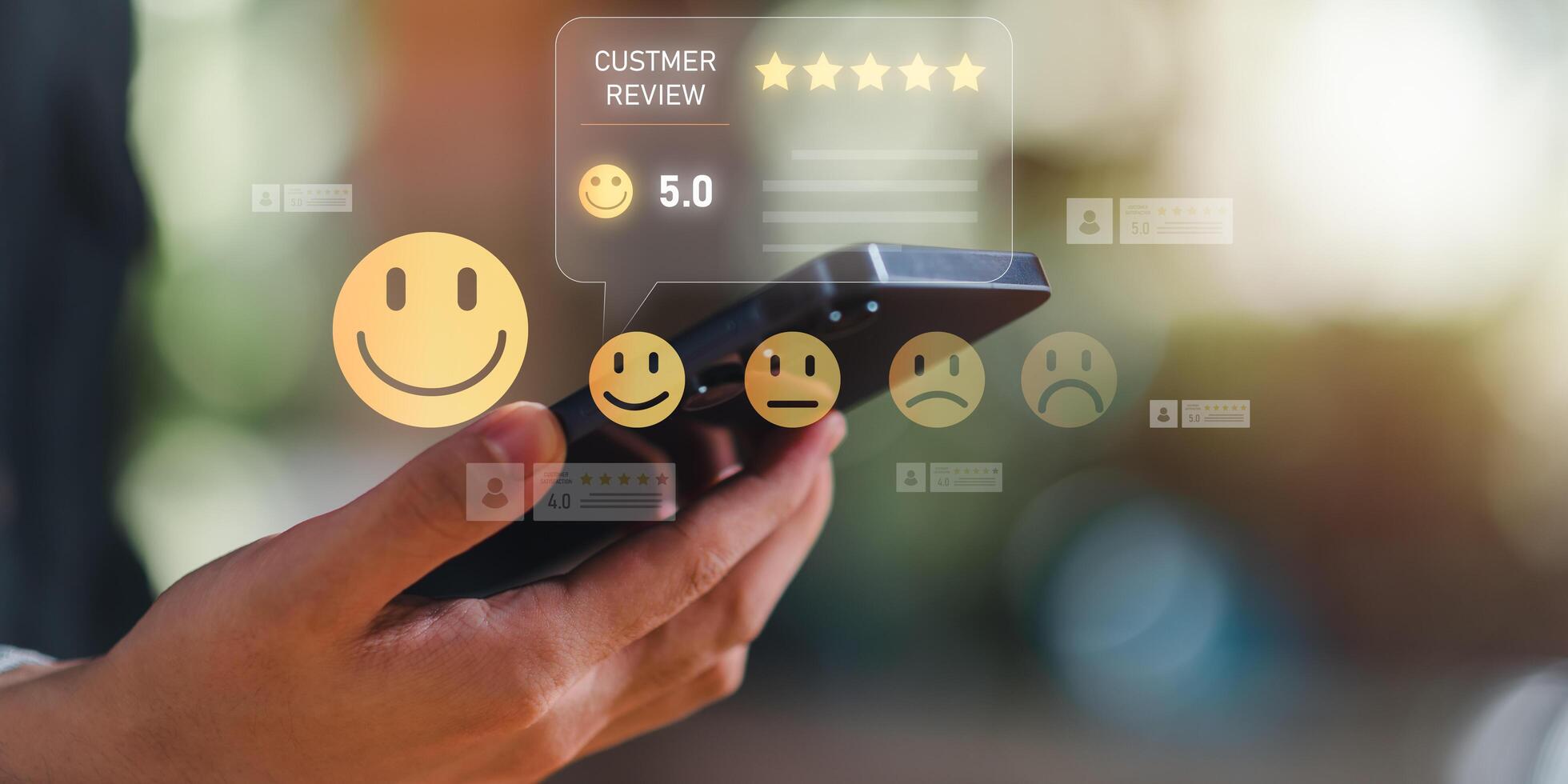 digital customer review interface showing rating stars ,smiley icons, symbolizing online feedback, user satisfaction, service quality evaluation, and reputation management for business growth ,trust photo