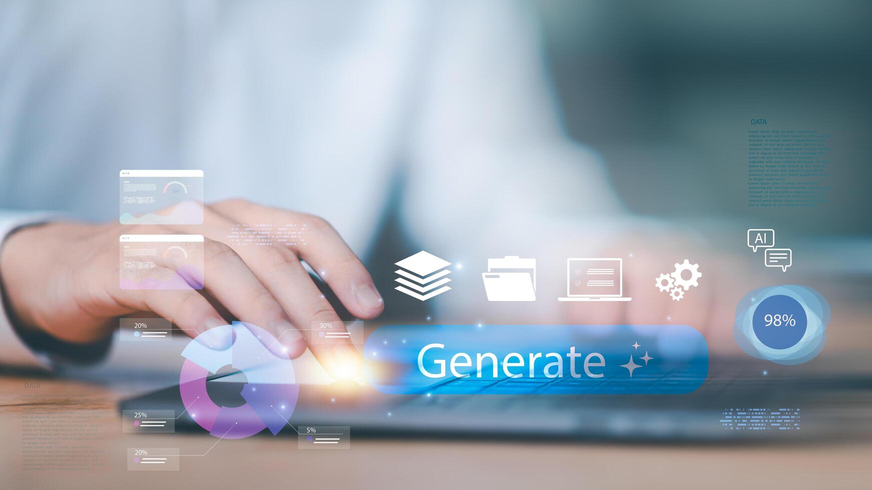 AI-powered data generation concept with a futuristic user interface showing digital charts, analytics dashboard, smart technology, and content automation for business performance enhancement. photo