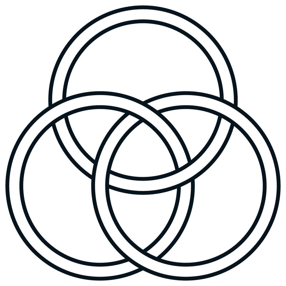 Three interlocking rings forming a symmetrical Borromean knot a black outline graphic symbol of unity. vector