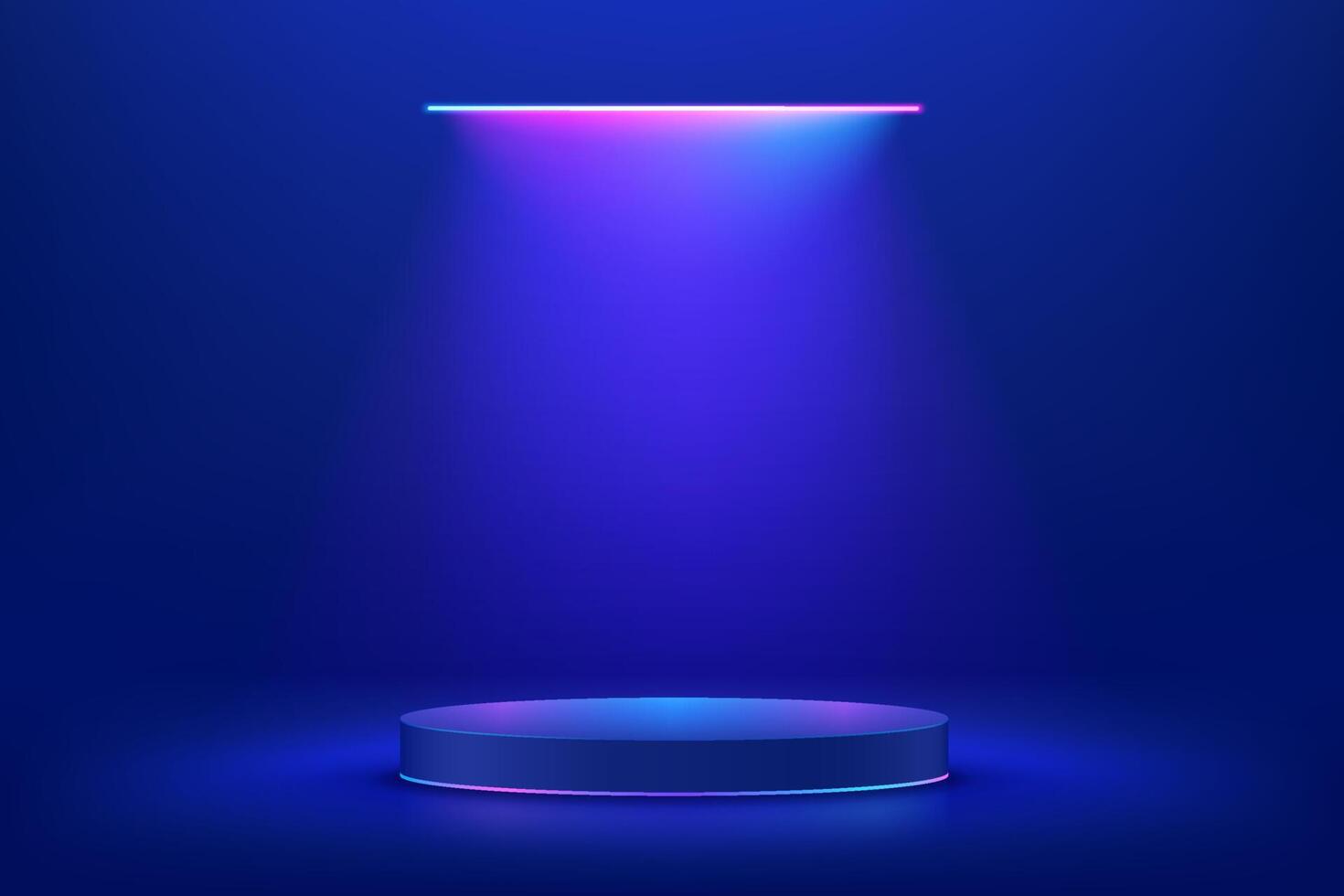 Realistic blue 3d cylinder pedestal podium in Sci-fi dark blue abstract room with illuminate horizontal neon lamp. rendering product display presentation. Futuristic minimal scene. vector
