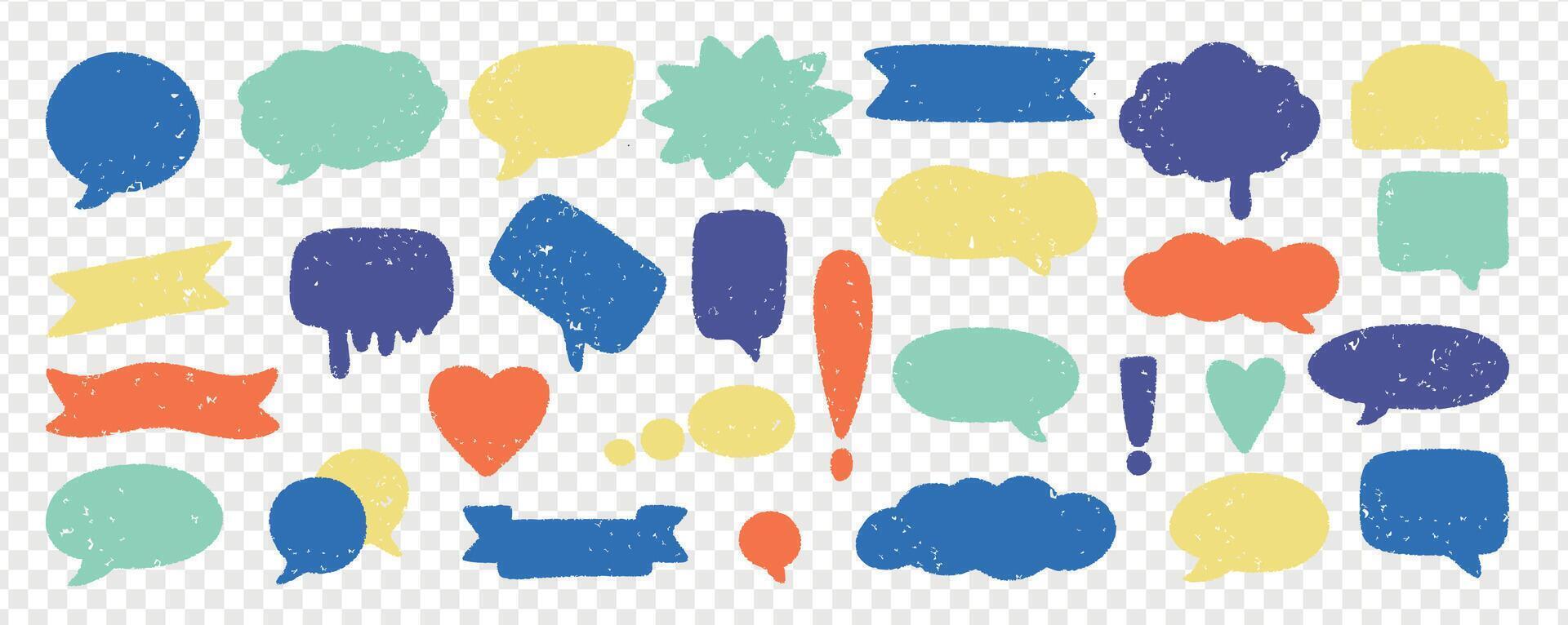 Speech crayon talk text box hand chalk comic shapes in color. Speech crayon doodle design with cartoon dialogue balloon icons, sketch elements and rough marker texture illustration. vector