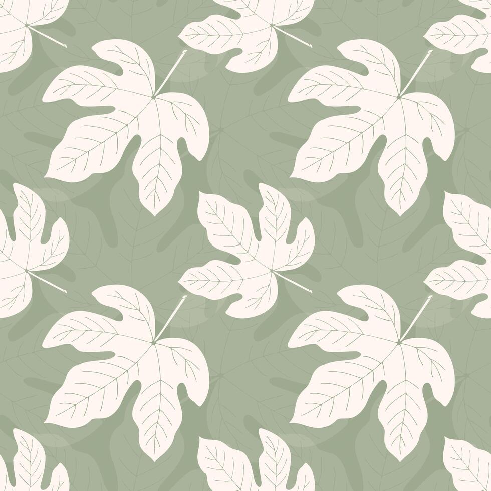 Pattern with grape leaves beige on soft green background. Textile background. vector