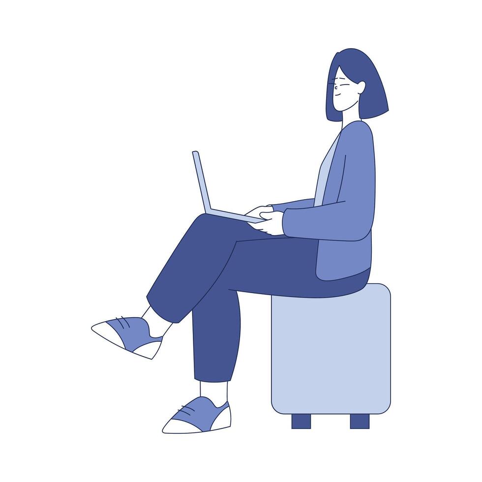 Smiling Woman Sitting with Laptop Computer Programming Illustration vector