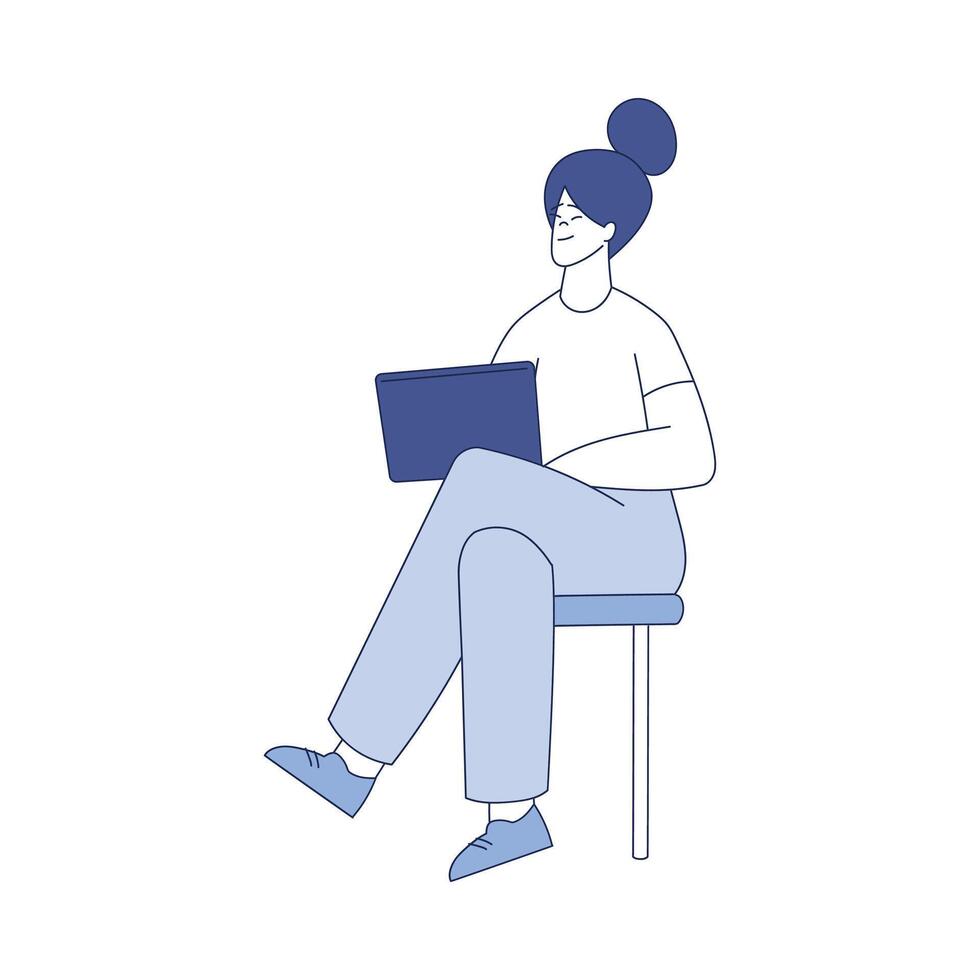 sonriente mujer sentado con tableta computadora programación ilustración vector