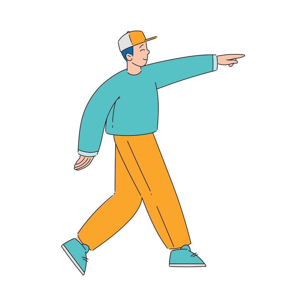 Smiling Man Looking at Something Interesting Pointing Finger at It Illustration vector