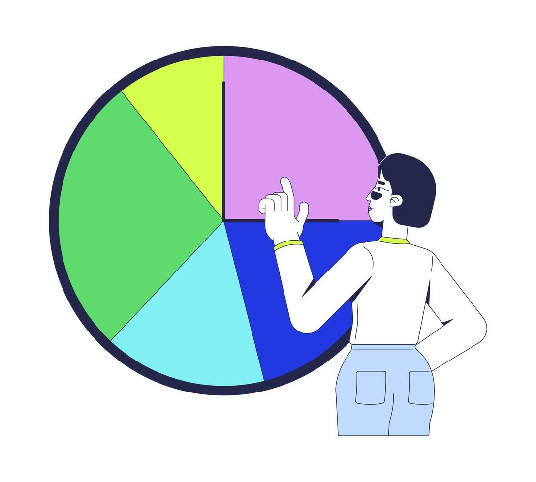 Time management soft skill in workplace 2D illustration concept. Work life balance. Asian woman pointing at pie chart clock cartoon character isolated on white. Flat abstract metaphor vector