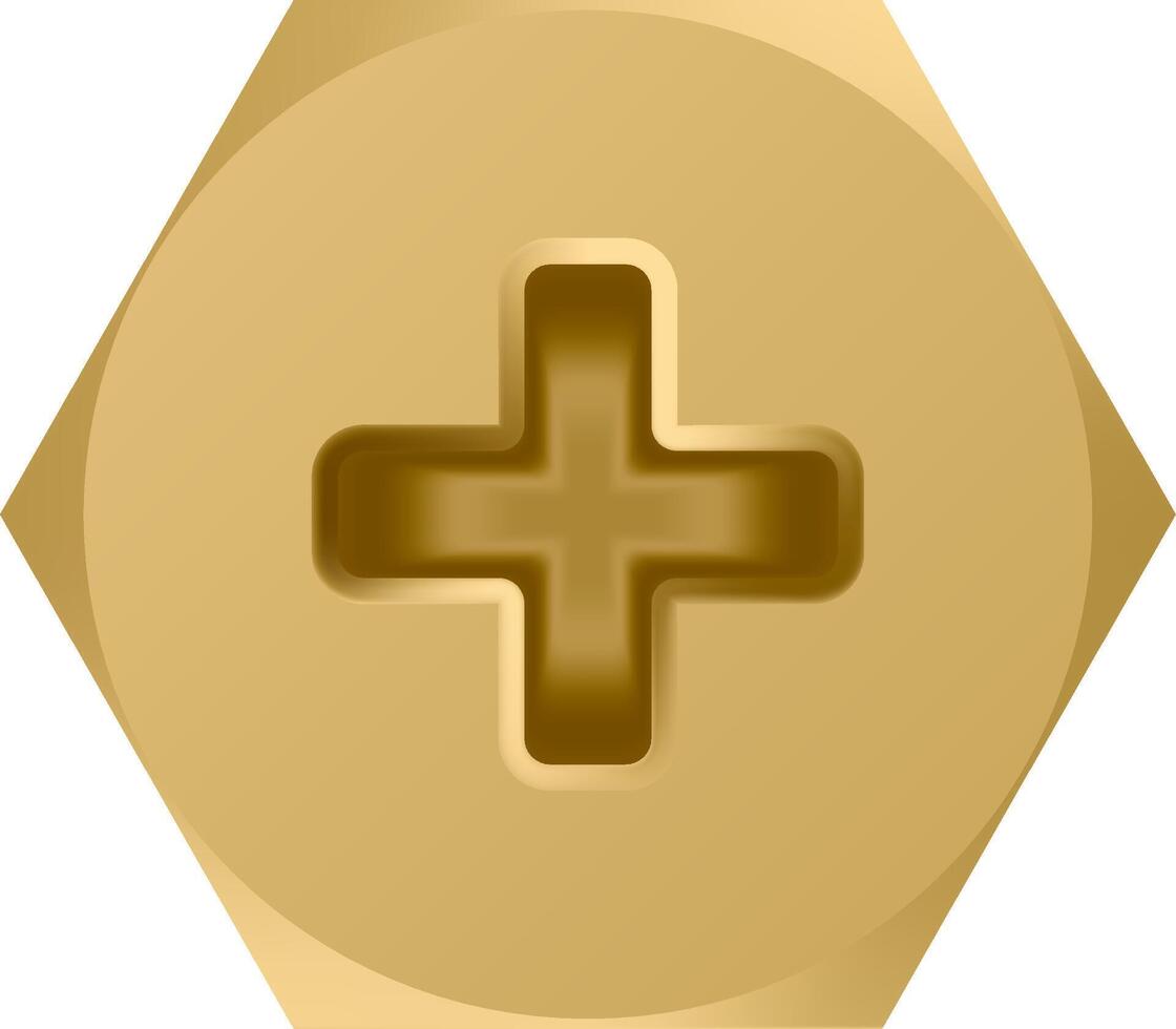 Close up of a gold colored hexagon head screw featuring a cross recess, positioned centrally, set against a transparent background, ideal for hardware, construction, or DIY related projects vector