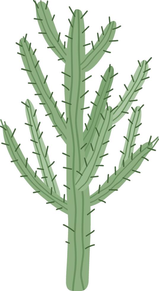 Illustration featuring a tall green cactus with numerous arms and sharp thorns, embodying resilience and adaptation to harsh, arid environments typical of desert landscapes vector