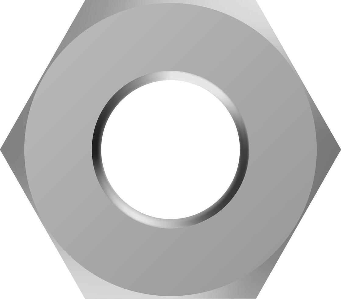 Realistic metallic hexagonal nut with threaded hole, essential component for fastening and joining objects securely, providing strength and stability in construction and mechanical applications vector