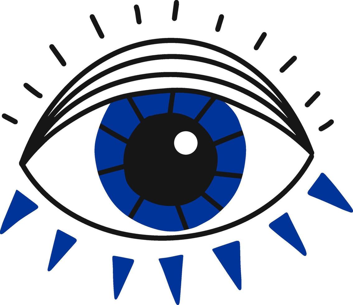 Stylized blue eye with black pupil and eyelashes is radiating light, creating a captivating and mysterious visual, perfect for various design projects vector