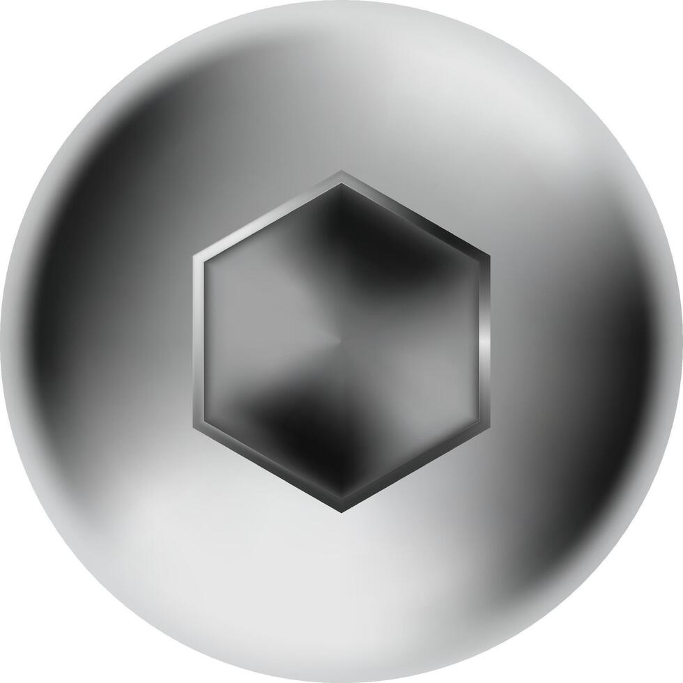 Close up of a shiny metal screw head with a hexagon socket, reflecting light and creating a gradient effect, isolated on a transparent background vector
