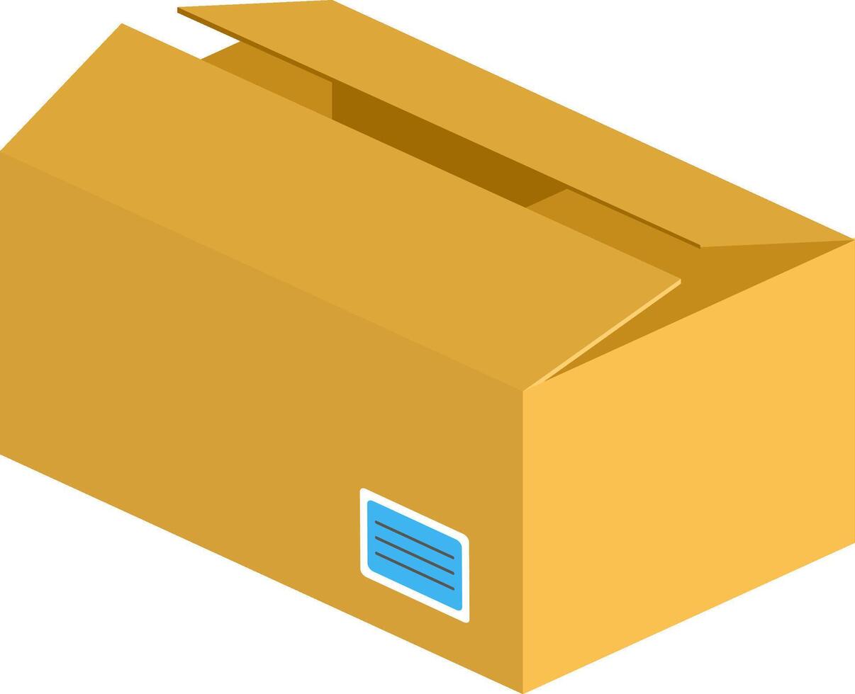 Open cardboard box with shipping label partially revealing its contents, representing concepts like shipping, delivery, receiving, and online shopping vector