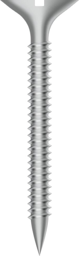 Realistic illustration of a silver metallic screw with countersunk head, helical threads and sharp tip, isolated on transparent background, ideal for technical illustrations or DIY projects vector