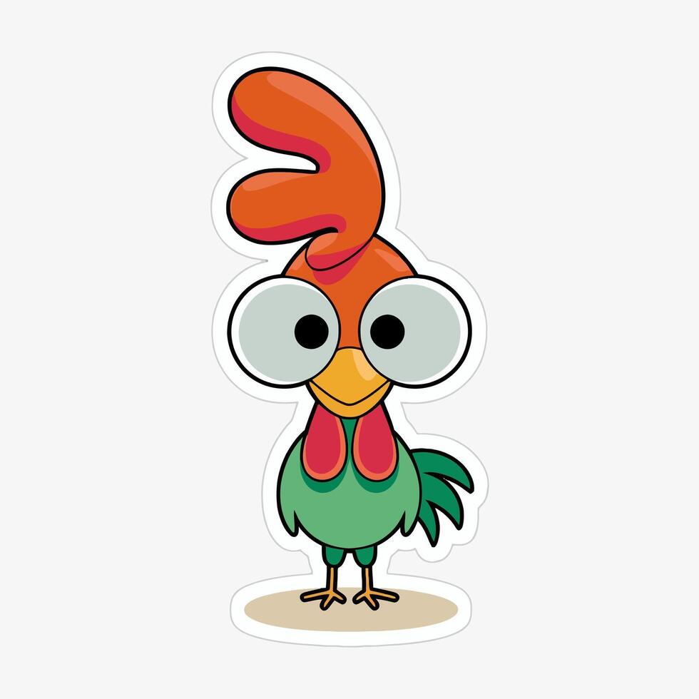 A cartoon chicken with big eyes and a quirky expression, isolated on white background the chicken has a bright red comb and green feathers, creating a whimsical illustration vector