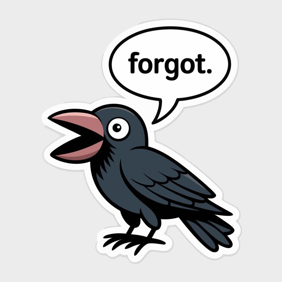 A cartoon crow with a speech bubble saying forgot isolated on white background, creating a humorous and relatable image about forgetfulness and memory lapses vector