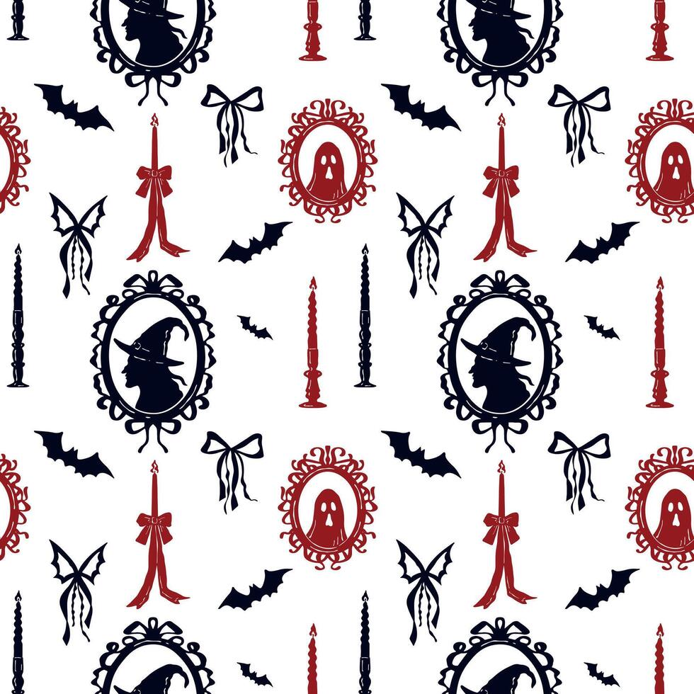 Seamless Halloween pattern with witch and ghost frames, bats, and red-accented frame and candlestick. Hand drawn spooky design for decorations, cards, invitations, and wrapping vector