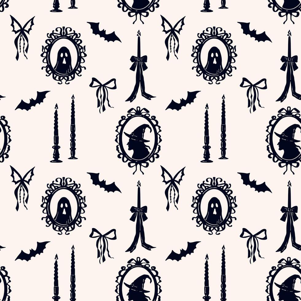 Seamless Halloween pattern with witch and ghost frames, candlesticks, bats, and bows. Hand drawn spooky design for decorations, cards, invitations, and wrapping vector