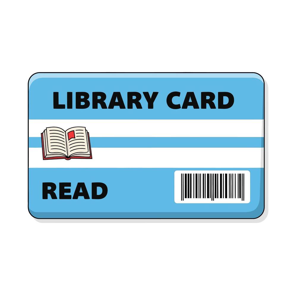 Illustration of a library card with a book and barcode isolated on white background, representing access to knowledge, reading, and library resources vector